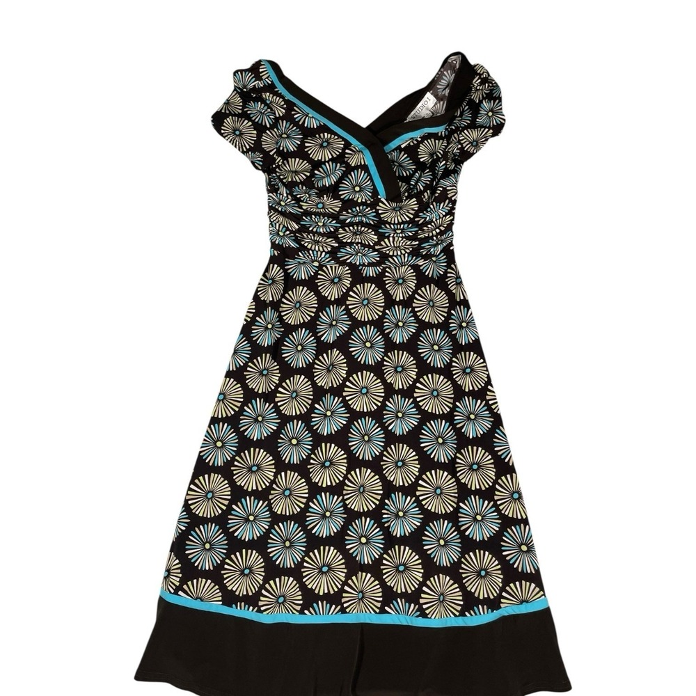 Studio I Women's Medium Brown Floral Dress Ruched Bodice Cap Sleeve Midi